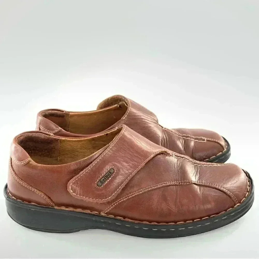 Josef Seibel womens flats 39 8-8.5 brown leather sticky strap walking comfort